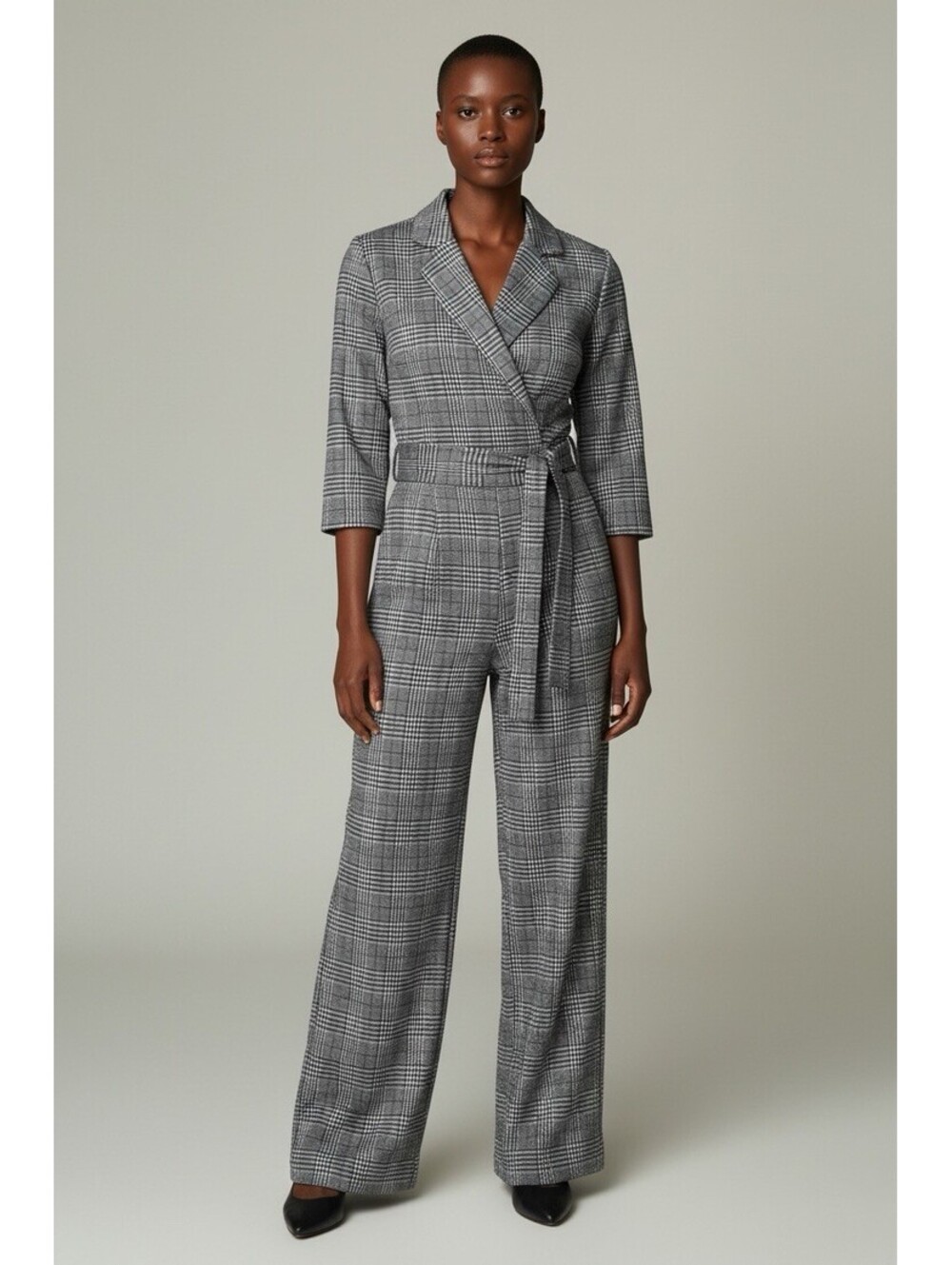 Haute Monde Black Checked 3/4 Sleeve Knit V-neck Jumpsuit Size S-NWT